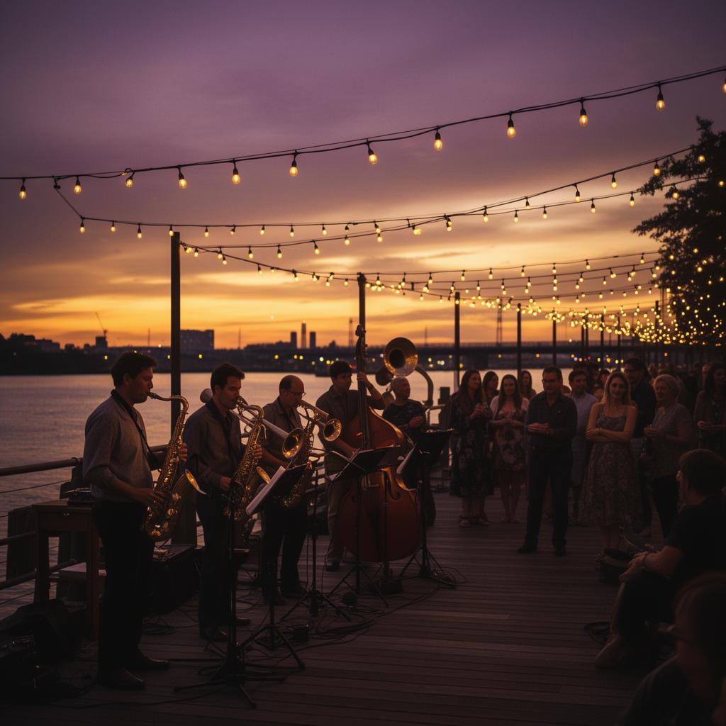 Outdoor brass jazz band on the Bossier riverfront at sunset